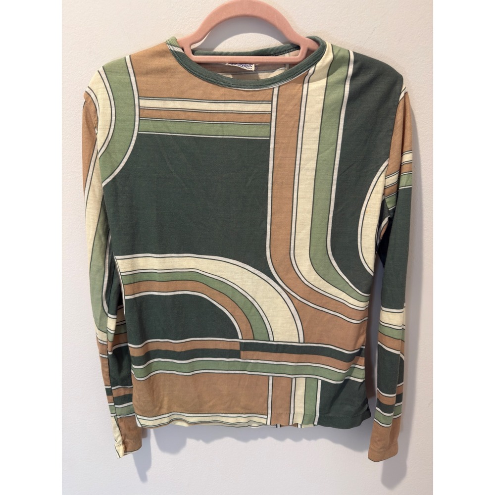 Vintage 70s Geometric Abstract Earth Tone Ribbed Knit Long Sleeve Top
